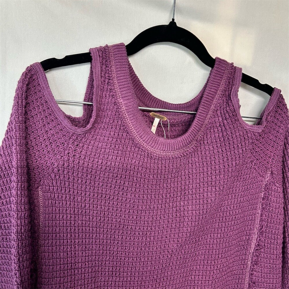 Free People Sweater Womens XS Purple Waffle Knit Cold Shoulder Tunic Top NWT - Picture 4 of 14